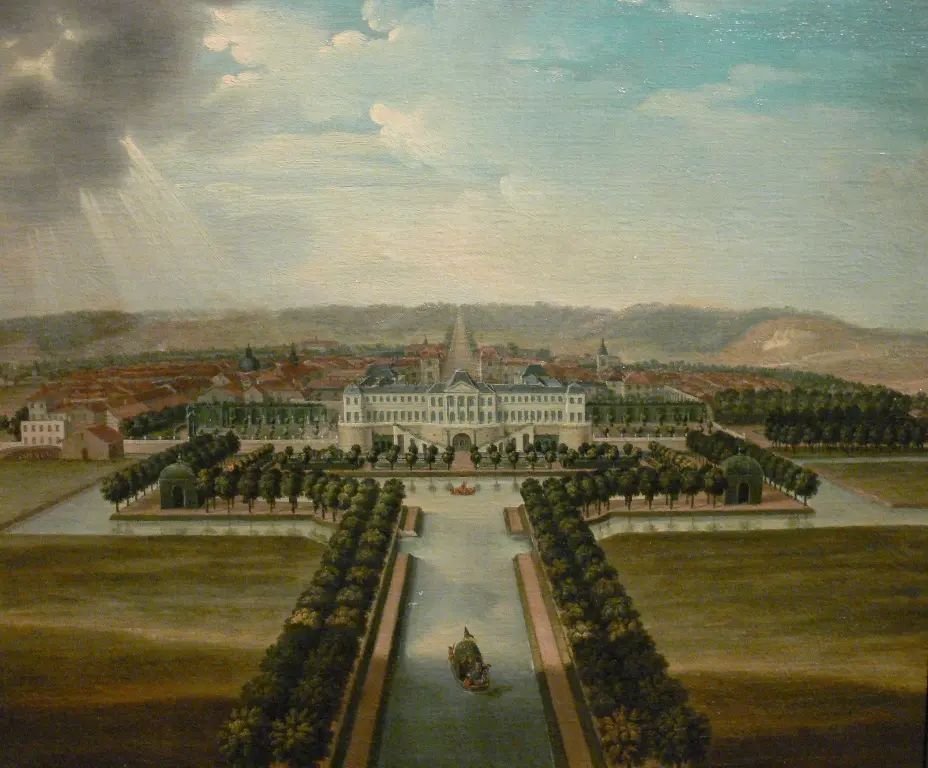 18th-century view of Commercy and its château from the Cascade Pavilion — Musée Lorrain, Nancy, France. Painting of the Château and town of Commercy viewed from the Cascade Pavilion, 18th century, Lorraine, France.