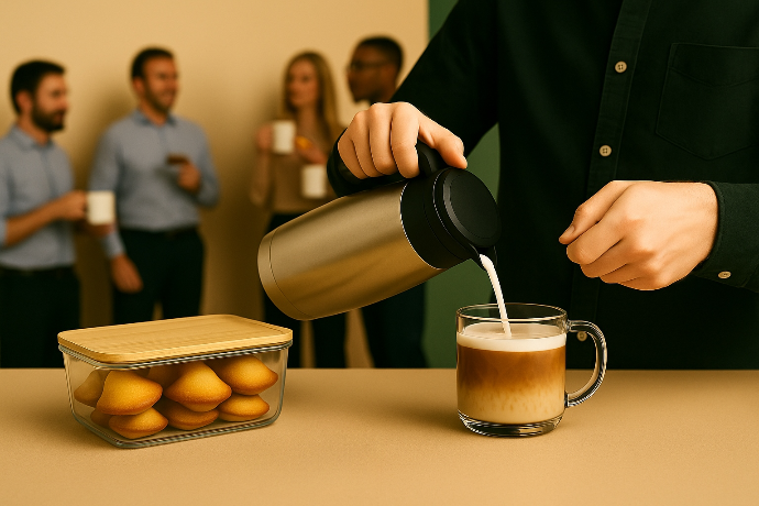 Office coffee break with creamy latte and madeleines – Frogs&Roos sharing moment Office coffee break scene with a glass of creamy latte, a container of madeleines, and people chatting in the background
